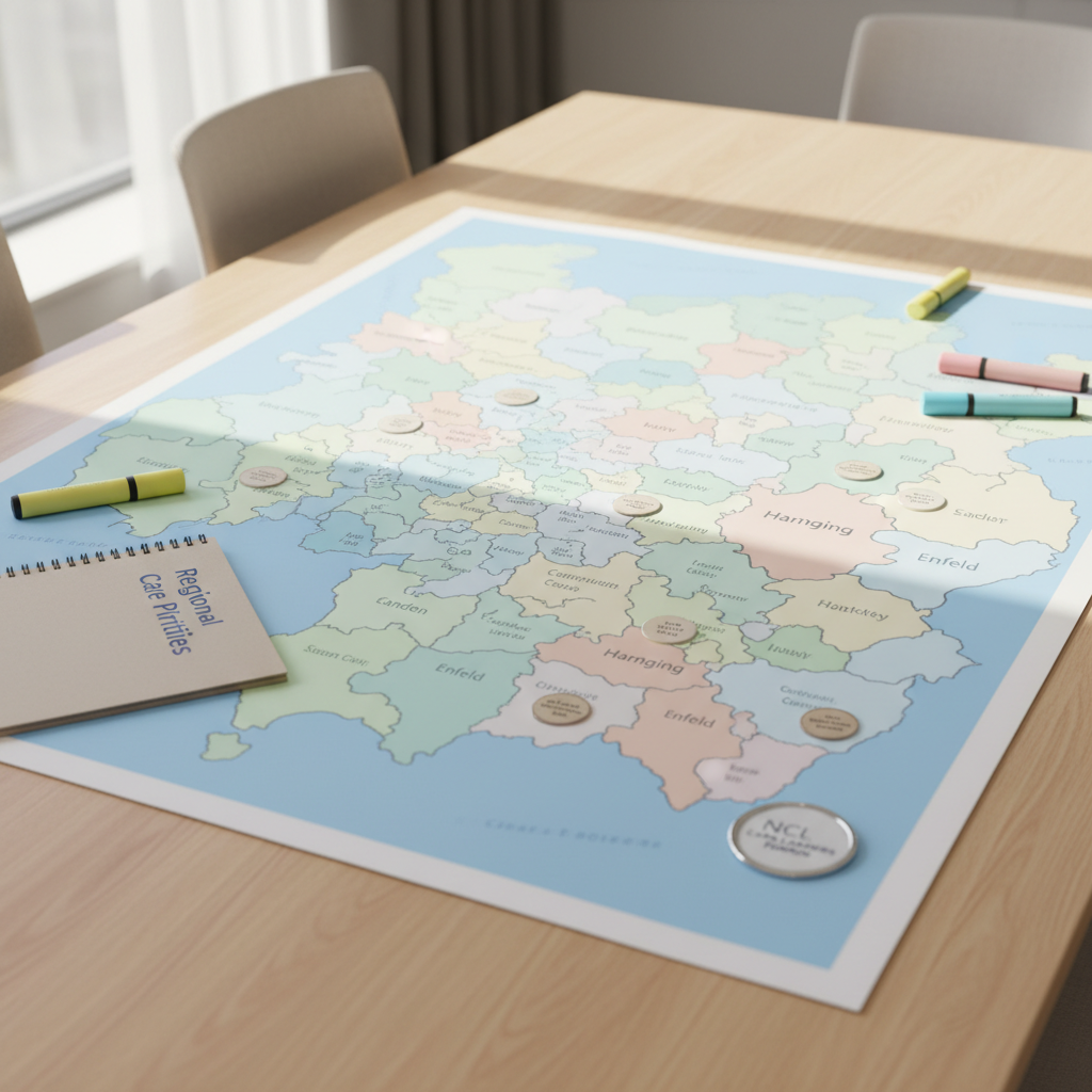 A large, laminated tabletop map of North Central London, spread across a smooth, light-wood meeting table, captured in photographic realism from a slightly elevated angle. Different boroughs are shaded in coordinated pastel tones, and small, neutral markers indicate generic adult social care services, hubs, and community resources. Around the edges of the map lie a few uncapped highlighters, a notepad titled “Regional Care Priorities”, and a discreet badge reading “NCL Care Leaders Forum”. Soft, diffused daylight from a nearby window illuminates the map evenly, creating a calm, strategic mood and highlighting regional collaboration and planning without any human presence.